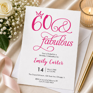 Convites Script Sixty e Fabuloso Rosa Aniversário de 60 ano