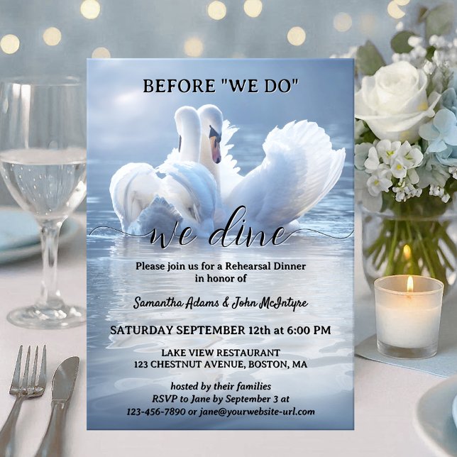 Convites Script Swan Lake Wedding Rehearsal Dinner (Romantic Wedding Rehearsal Dinner invitation featuring two swans in love on a sunlit lake.)