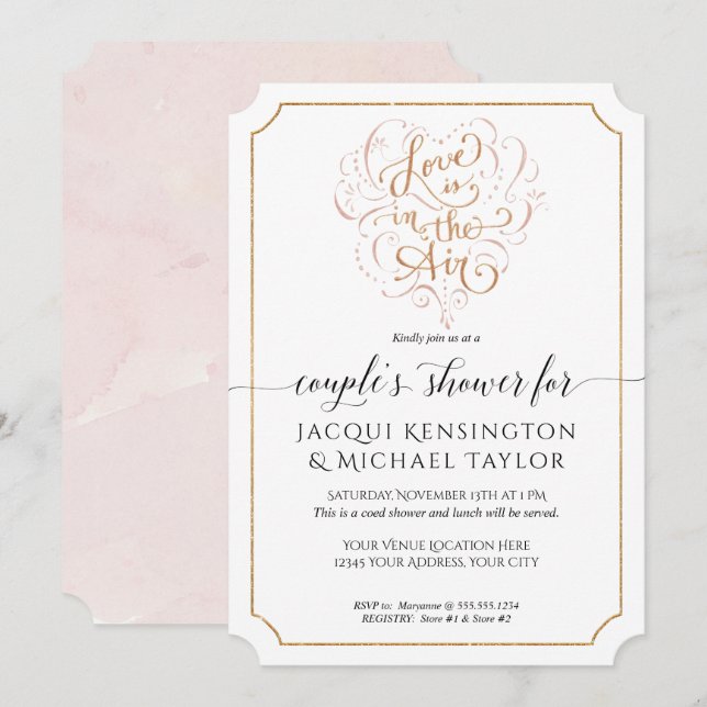 Convites Script Typografia Love in Air Dourado Casal Chá (Frente/Verso)