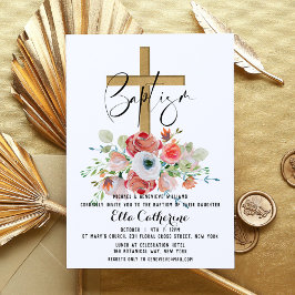 Convites Script Watercolor Floral Cross Baptism
