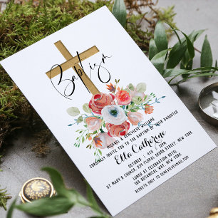 Convites Script Watercolor Floral Cross Baptism