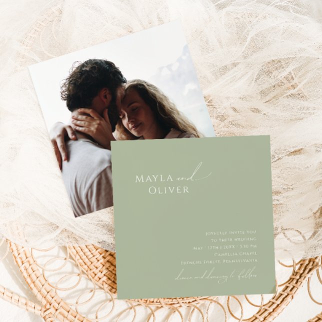 Convites Script Whimsical | Sage Green Photo Square Weding (Criador carregado)