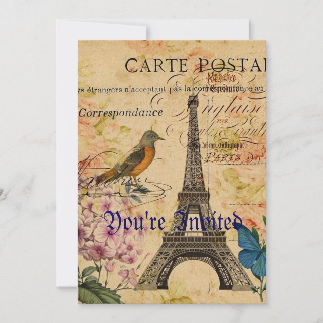 Convites Scripts Hydrangea French Bird Paris Torre Eiffel (Frente)