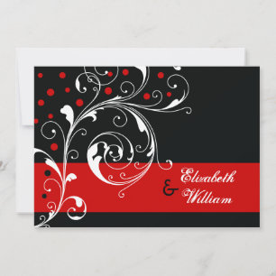 Convites Scroll floral preto, casamento vermelho
