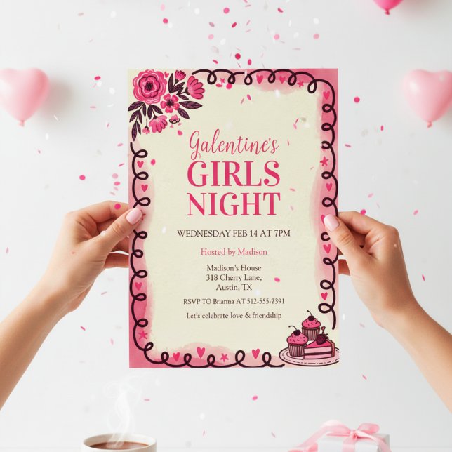 Convites Scrollwork Border Galentine's Invitation (Watercolor Party Invite)