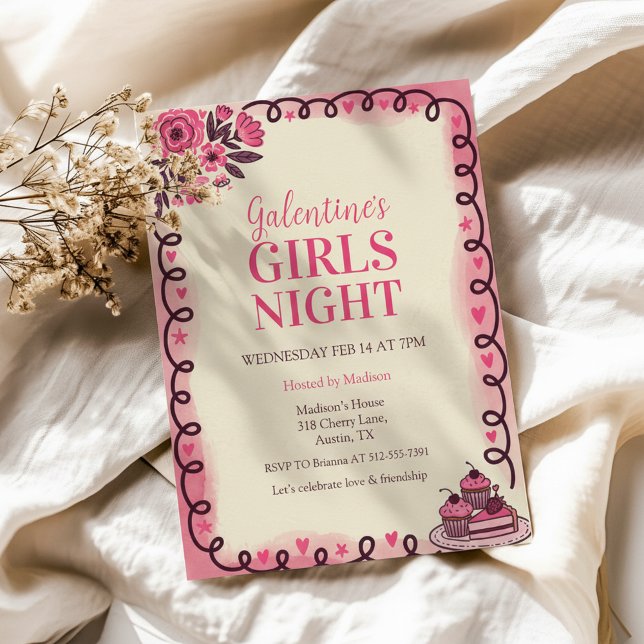 Convites Scrollwork Border Galentine's Invitation (Pink Watercolor Invite)