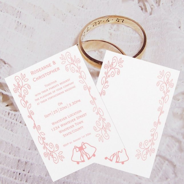 Convites Scrollwork Pink Wedation Bells (Pink wedding invitation bells and scrollwork design)