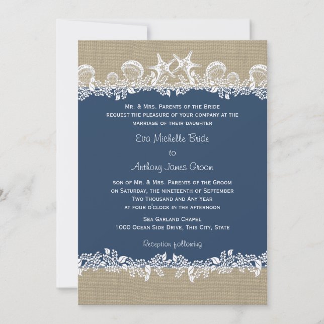 Convites Sea Garland Marinho Blue Wedding (Frente)