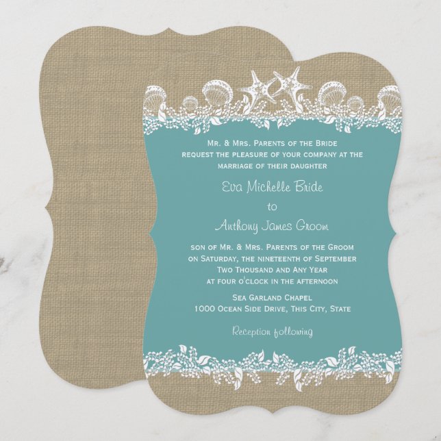 Convites Sea Garland Teal Beach Wedding (Frente/Verso)