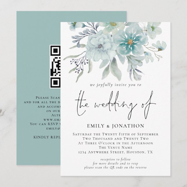 Convites Sea Mist Watercolor Florals Código QR Casamento (Frente/Verso)