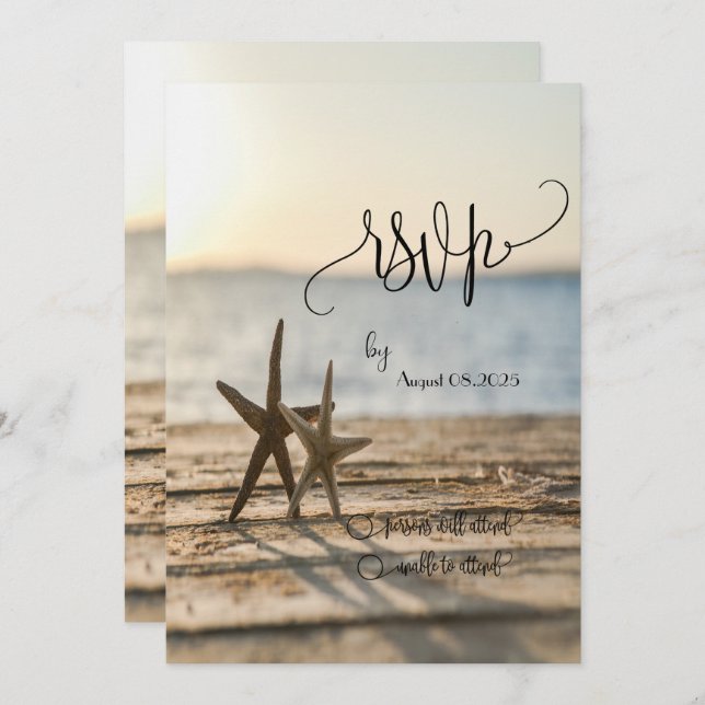 Convites Sea stars Sand Beach Script RSVP (Frente/Verso)