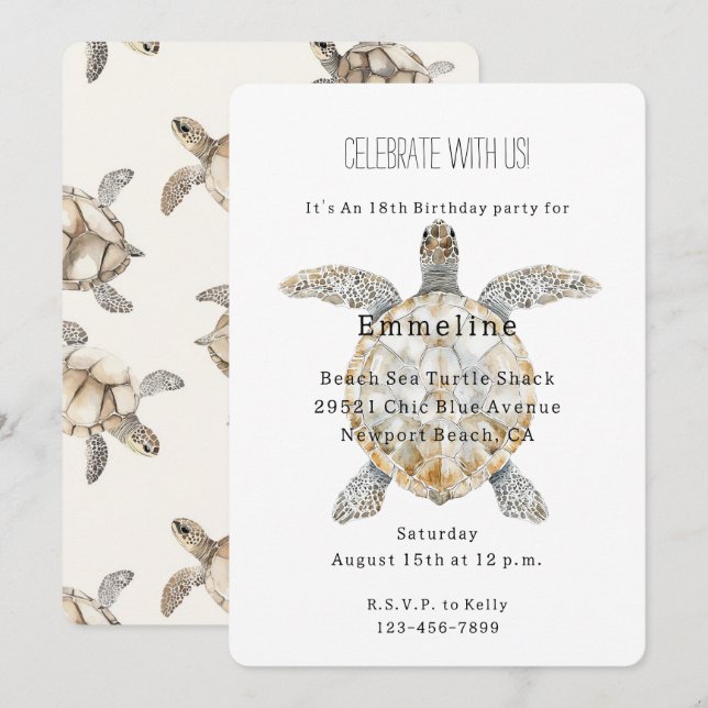 Convites Sea Turtles Birthday (Frente/Verso)