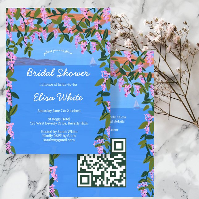 Convites Sea View Wisteria Elegante Chá de panela PERSONALI (Sea View Wisteria Vines Floral Sailboat Elegant Bridal Shower CUSTOM QR Code Party Invitation
)