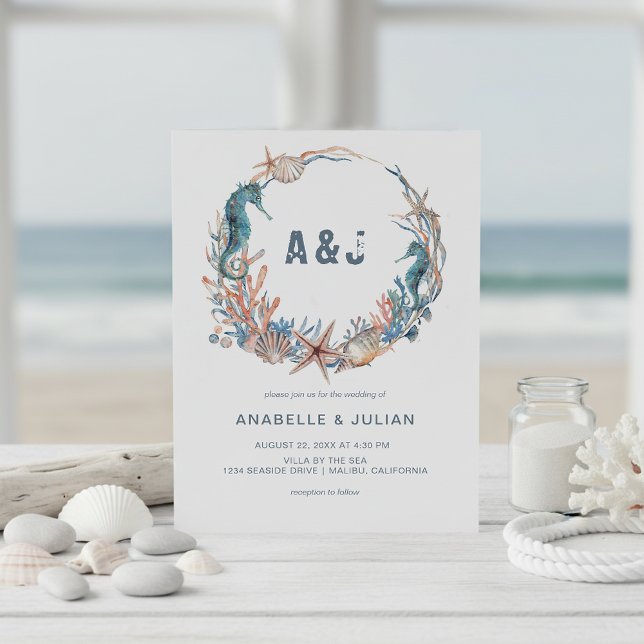 Convites Sea Wreath | Casamento Rustic Beach Monogramas (Criador carregado)