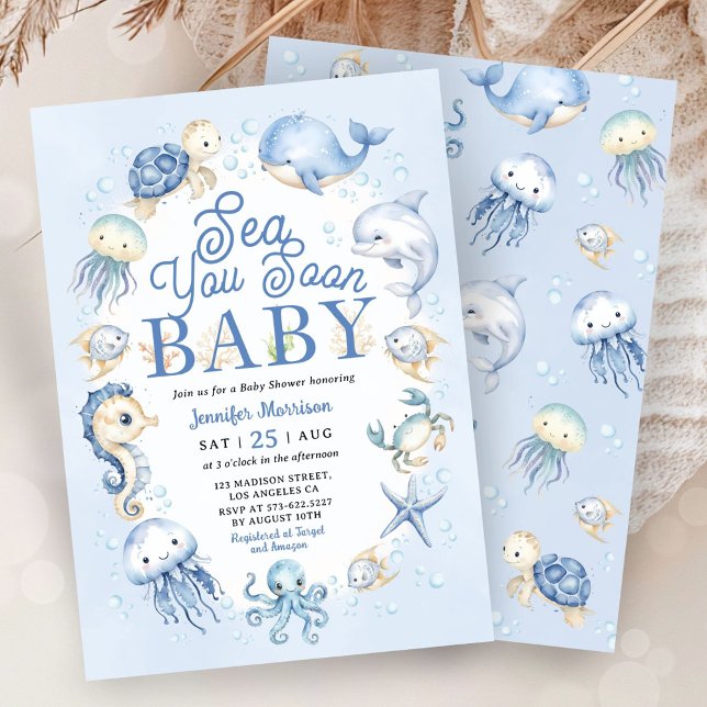 Convites Sea You Soon Baby Shower Boy Blue Ocean Animals (Criador carregado)