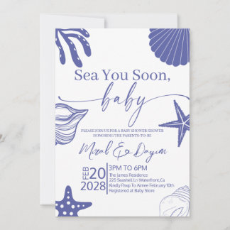Convites Sea You Soon Blue Scallop Shell Boy Baby Shower