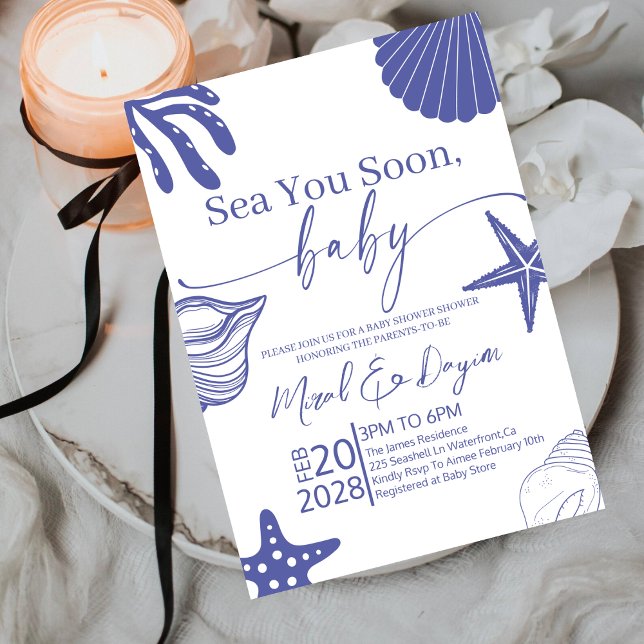 Convites Sea You Soon Blue Scallop Shell Boy Baby Shower  (Criador carregado)