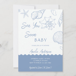 Convites Sea You Soon Coastal Shells Blue Baby Shower