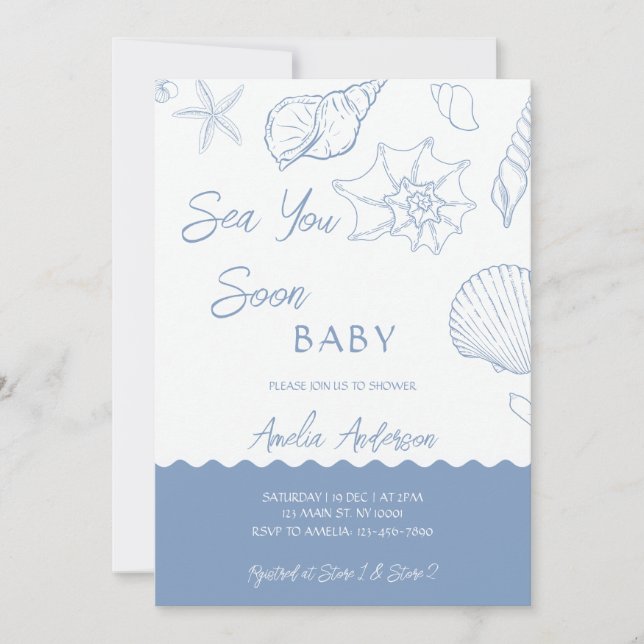 Convites Sea You Soon Coastal Shells Blue Baby Shower (Frente)