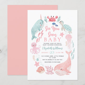 Convites Sea You Soon Cute Ocean Animals Girl Baby Shower