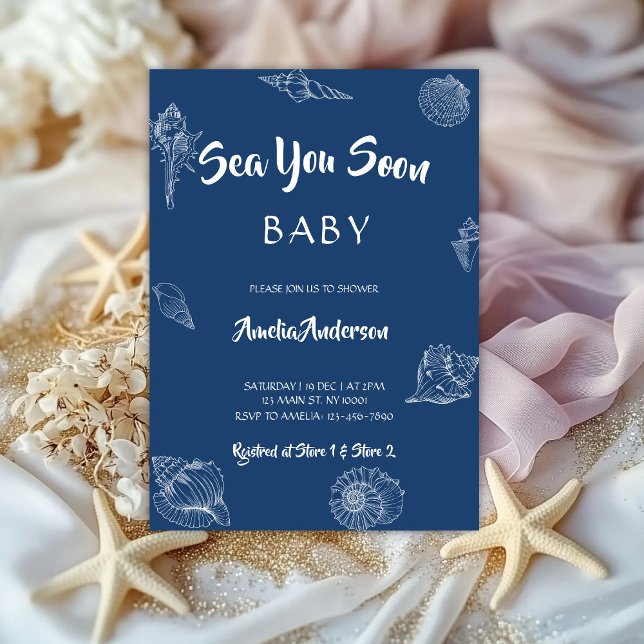 Convites Sea You Soon Navy Seashell Nautical Baby Shower (Criador carregado)
