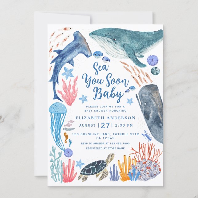 Convites Sea You Soon Ocean Animals Boy Baby Shower Invitat (Frente)