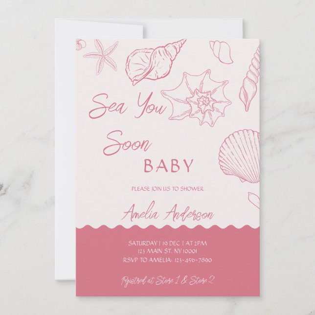 Convites Sea You Soon Pink Seashells Coastal Baby Shower (Frente)