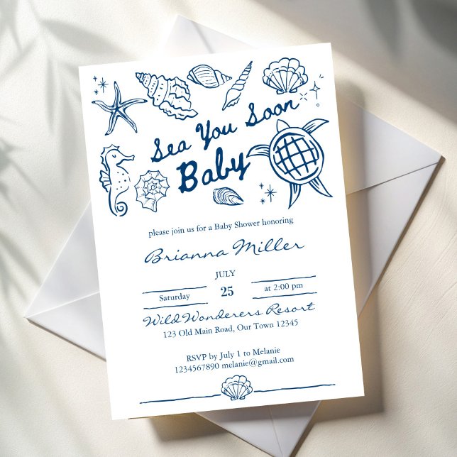 Convites Sea you soon seashells beach boy baby shower (Sea you soon seashells beach blue boy baby shower invitation cards template sea turtle hand drawn)
