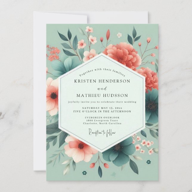 Convites Seafoam Coral Vivid Flora Wedding (Frente)