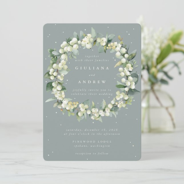 Convites Seafoam Green Snowberry+Eucalyptus Wreath Weding (Em pé/Frente)