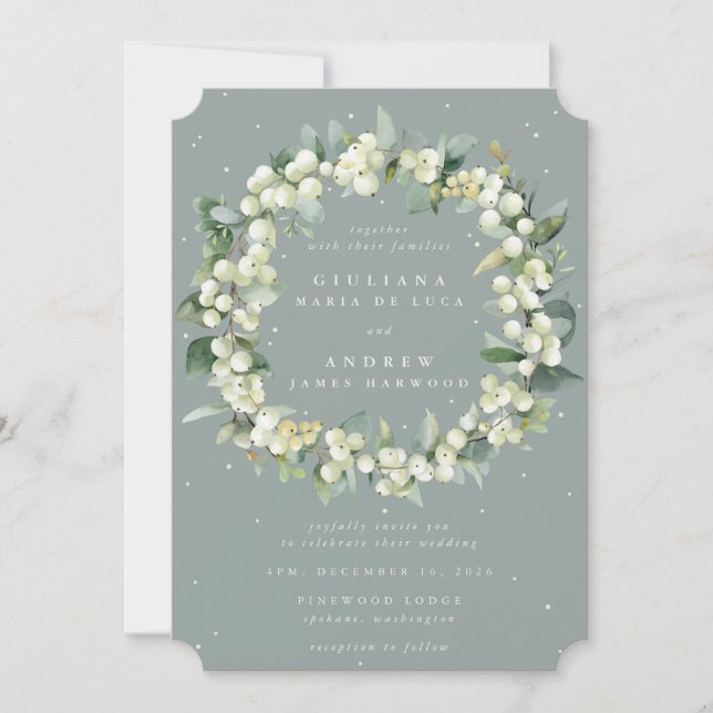 Convites Seafoam Green Snowberry+Eucalyptus Wreath Weding (Frente)