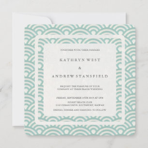 Convites Seafoam Green+White Stylized Waves Moderno Casamen