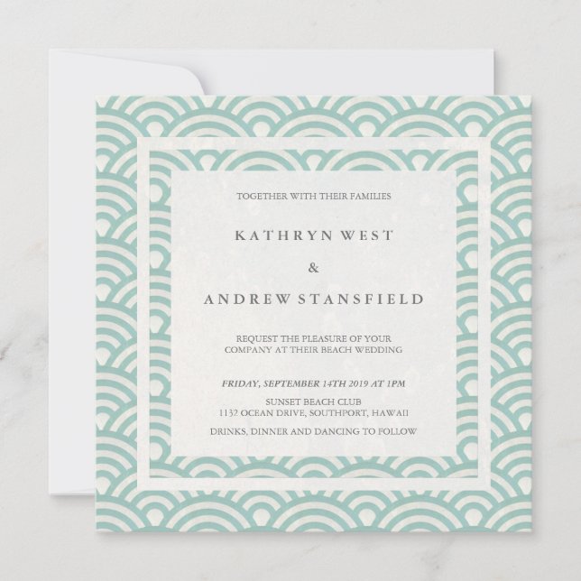 Convites Seafoam Green + White Waves Elegant Beach Weding (Frente)