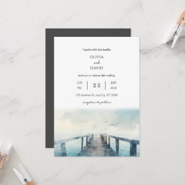 Convites Seagulls Sobre Casamento Rustic Pier Watercolor Be