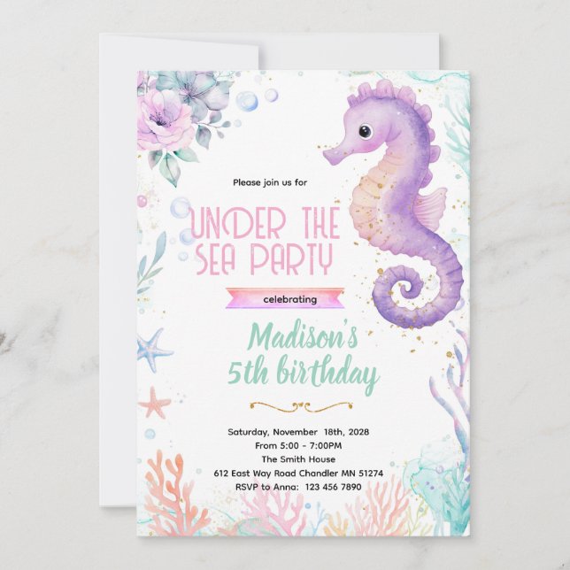 Convites Seahorse birthday theme party invite (Frente)