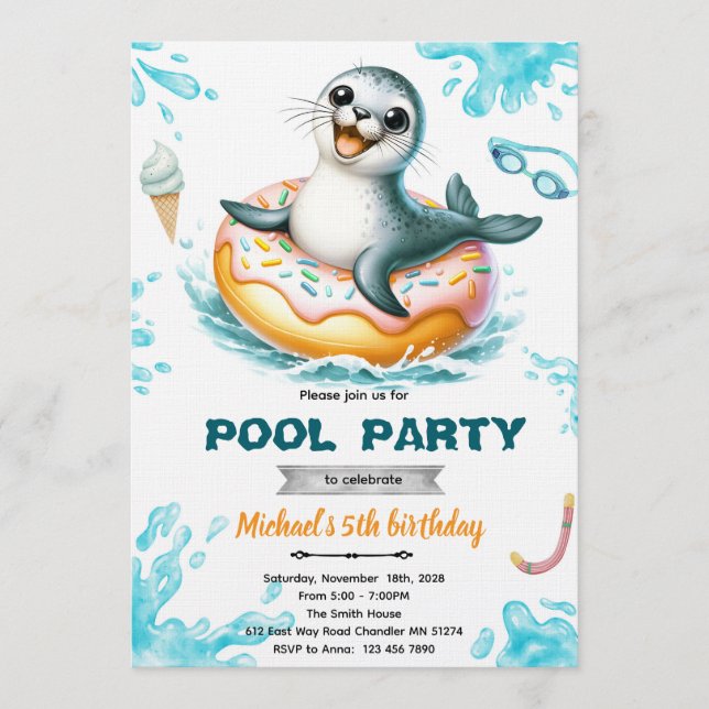 Convites Seal pool party invitation (Frente)