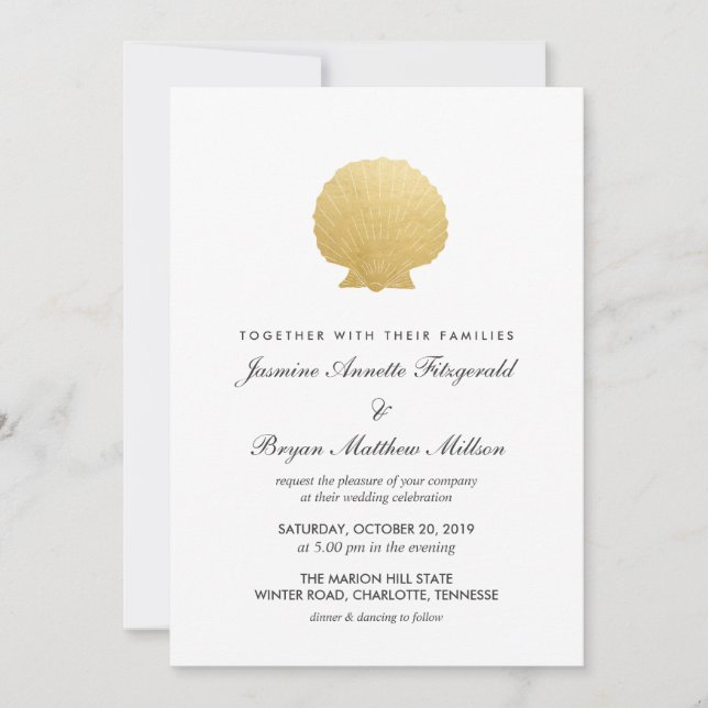 Convites Seashell Faux Gold Foil | Casamento Oceânico (Frente)