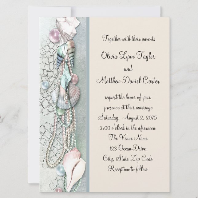 Convites Seashell Pearls Elegant Beach Wedding (Frente)