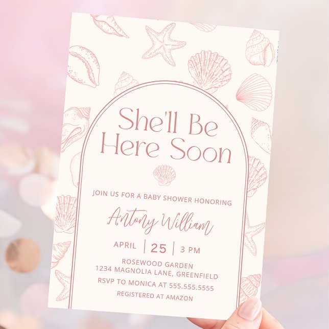 Convites Seashell She'll Be Here Baby Shower Invitation (Criador carregado)