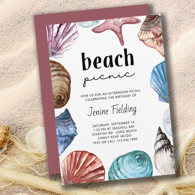 Convites Seashell Watercolor Beach Picnic Birday (Criador carregado)