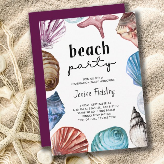 Convites Seashell Watercolor Graduation Beach Party (Criador carregado)
