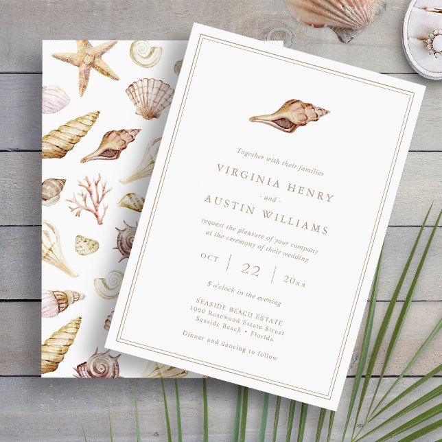 Convites Seashell Wedding (Modern Minimalist Seashell Watercolor Wedding Invitation by Painted Paperie
)