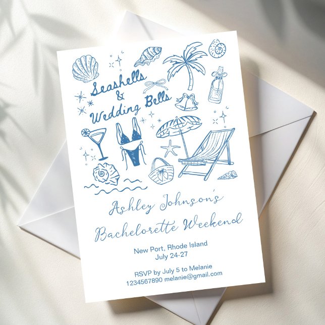 Convites Seashells and wedding bells Bachelorette weekend (Seashells and wedding bells Bachelorette weekend party itinerary Invitation cards template)