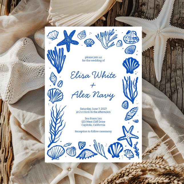 Convites Seashells Frame Beach Casamento Blue CUSTOM (Seashells Frame Beach Wedding Blue CUSTOM Invitation
)