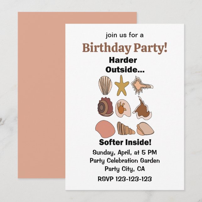 Convites Seashells Hard Outside Soft Inside Birthday Party (Frente/Verso)