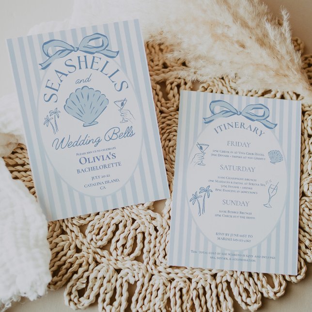 Convites Seashells & Wedding Bells Bachelorette Itinerary (Seashells & Wedding Bells Bachelorette Itinerary Invitation)