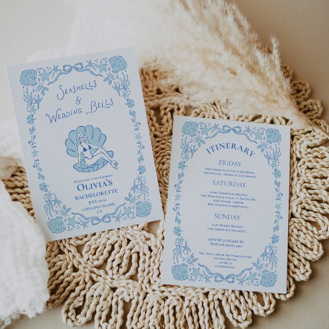Convites Seashells Wedding Bells Whimsical Bachelorette Blu (Seashells Wedding Bells Whimsical Bachelorette Blue Invitation)