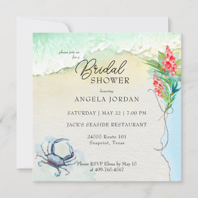 Convites Seaside Blue Crab Tropical Bridal Shower (Frente)