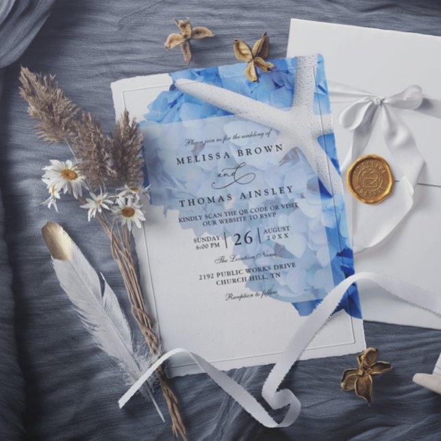 Convites Seaside Garden Starfish Hydrangea QR Code Wedding (Criador carregado)