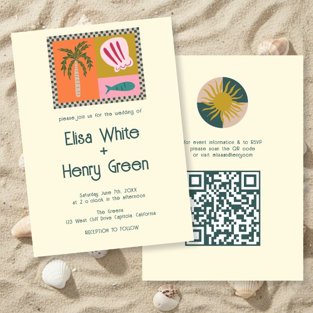 Convites Seaside Soiree Moderno Fofo QR PERSONALIZADO (Seaside Soiree Modern Cute CUSTOM QR Wedding Invitation
)